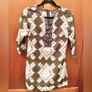 KAS cotton batik tunic w side slits & amethyst/ decorative trim - new.